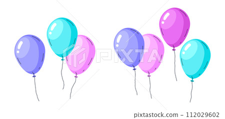 Glossy floating balloons. Colorful helium balloons, bright air balloons festive decorations flat vector illustration. Happy birthday celebration decor 112029602
