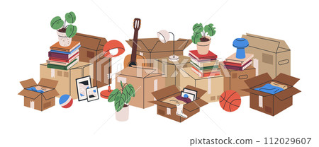 Moving stuff in cardboard boxes. Stacked carton moving boxes with books, clothes and pot plants flat vector background illustration. New house moving boxes on white Moving stuff in cardboard boxes. Stacked carton moving boxes with books, clothes and pot plants flat vector background illustration. New house moving boxes on white 112029607
