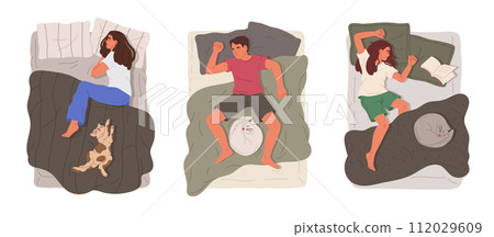 Sleeping people. Man and woman resting in bed with cats, napping characters and cute pets flat vector illustration set. Male and female person sleeping in cozy bed 112029609