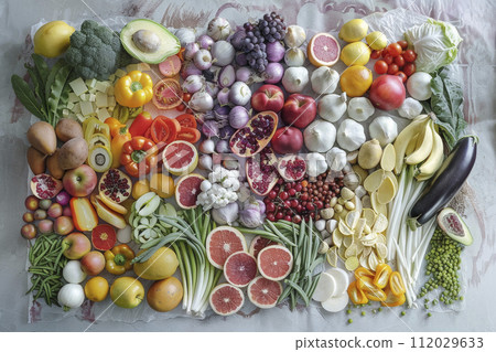 AI-generated content. Assorted colorful fruits and vegetables on a textured surface 112029633