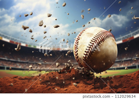 AI-generated content. Baseball in motion over home plate with dirt particles. 112029634