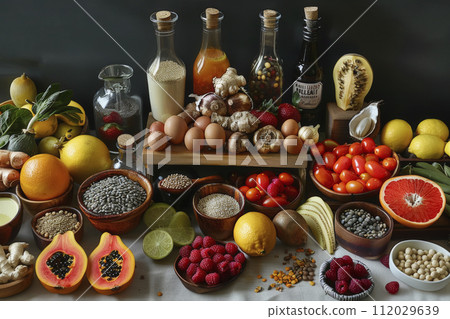 AI-generated content. Assorted fresh fruits and vegetables, eggs, grains, and bottled condiments 112029639