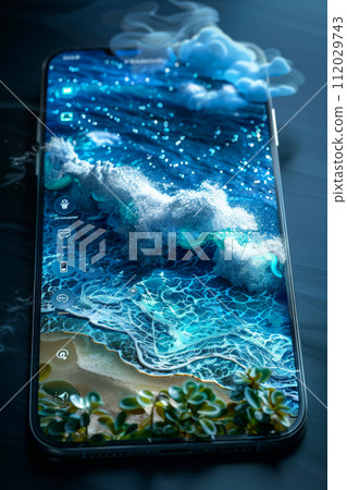 The 3D user interface interface combines as natural elements such as beach, sea, palms , mountains, trees and clouds that come out of the cellphone The 3D user interface interface combines as natural elements such as beach, sea, palms , mountains, trees and clouds that come out of the cellphone 112029743