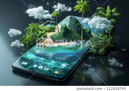 The 3D user interface interface combines as natural elements such as beach, sea, palms , mountains, trees and clouds that come out of the cellphone 112029745