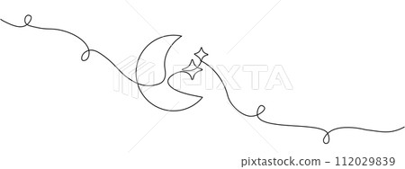 Line drawing of moon icon with stars in retro style. Night sky symbol, continuous editable single line . Vector illustration. 112029839