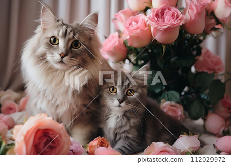 AI-generated content. Gray long-haired cat with a kitten next to roses AI-generated content. Gray long-haired cat with a kitten next to roses 112029972