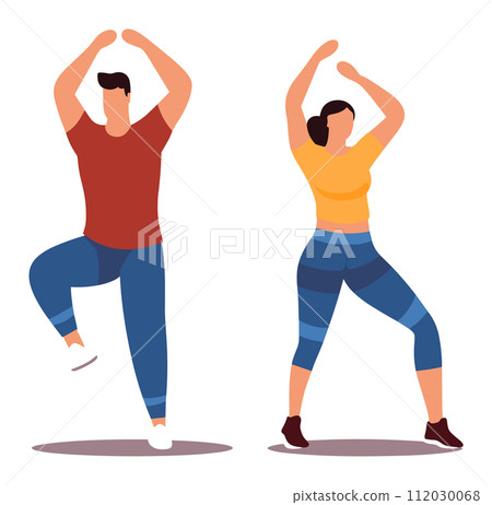 Man woman exercising together gym clothes, doing dance workout. People staying fit aerobics routine vector illustration. Healthy lifestyle, dance fitness, workout partners, gym session 112030068
