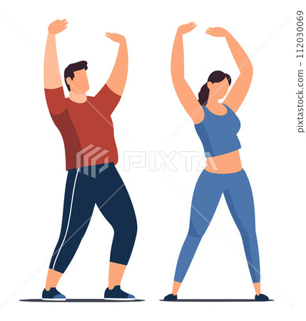 Caucasian man woman exercising together, doing stretching workout activewear. Fitness partners practicing morning routine. Exercise, wellness active lifestyle vector illustration 112030069
