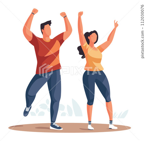 Young man woman celebrating success outdoors. Happy energetic couple cheering raised fists. Joyful achievement exciting moment vector illustration Young man woman celebrating success outdoors. Happy energetic couple cheering raised fists. Joyful achievement exciting moment vector illustration 112030076
