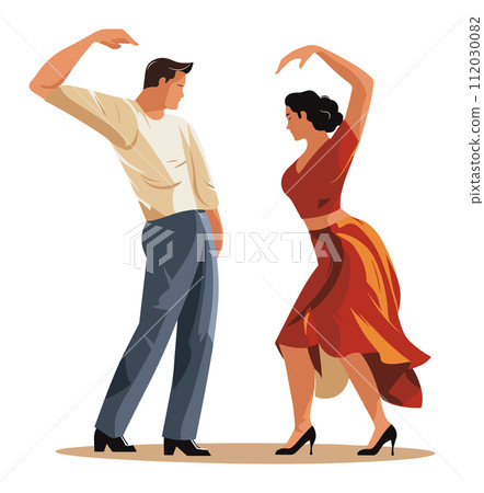 Hispanic couple dancing salsa together, man in casual attire, woman in red dress. Latin American dance partners, joyful expression. Salsa dancers and cultural celebration vector illustration. 112030082