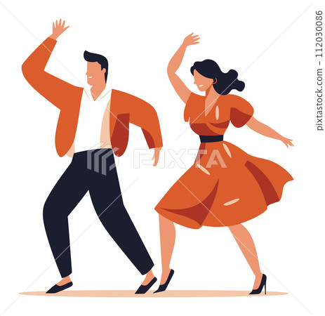 Man and woman dancing happily, female in flowing orange dress, male in black pants and orange shirt. Swing dance couple, joyful dance moves vector illustration. 112030086