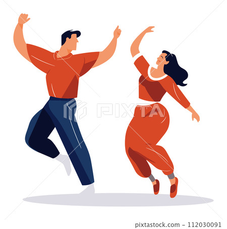 Young man and woman joyfully dancing together. Casual clothes, dynamic poses, happiness and energy. Party vibe, cheerful friends celebrating vector illustration. Young man and woman joyfully dancing together. Casual clothes, dynamic poses, happiness and energy. Party vibe, cheerful friends celebrating vector illustration. 112030091