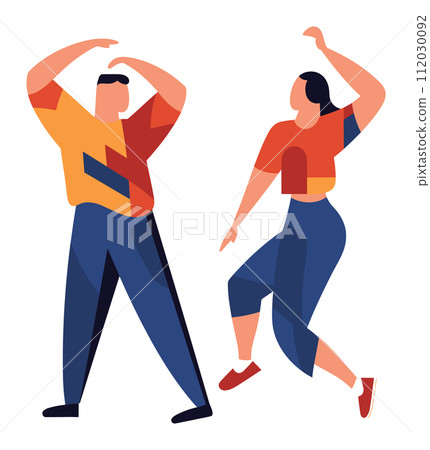 Man and woman dancing joyfully, colorful casual clothes. Happy couple enjoying dance, smiling figures. Dance party, fun leisure activity vector illustration. 112030092