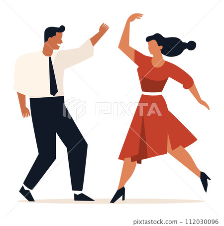 Man and woman dancing salsa or tango together. Elegant couple in formal attire enjoys dance. Latin dance partners in movement vector illustration. 112030096