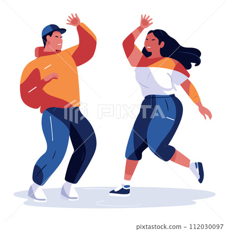 Man and woman dancing joyfully, modern casual attire. Happy, energetic young adults, street dance moves. Friendship and fun concept vector illustration. Man and woman dancing joyfully, modern casual attire. Happy, energetic young adults, street dance moves. Friendship and fun concept vector illustration. 112030097