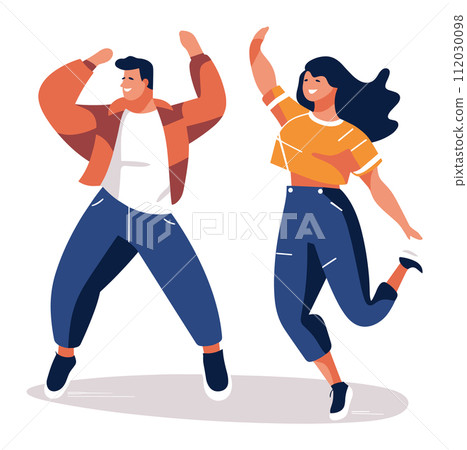 Man and woman dancing joyfully, happy couple celebrating success. Young adults expressing excitement and happiness vector illustration. 112030098