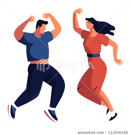 Happy couple dancing together with joy, man in blue, woman in orange, casual style. Celebrating moment, energetic dance, joyful mood vector illustration. Happy couple dancing together with joy, man in blue, woman in orange, casual style. Celebrating moment, energetic dance, joyful mood vector illustration. 112030100