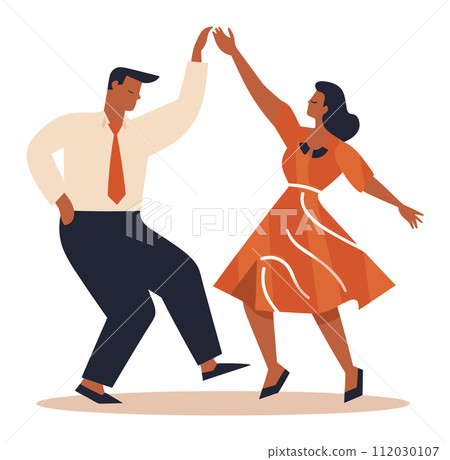 Man and woman dancing salsa in elegant dress and suit. Couple enjoys Latin dance party. Joyful dance event and celebration vector illustration. 112030107