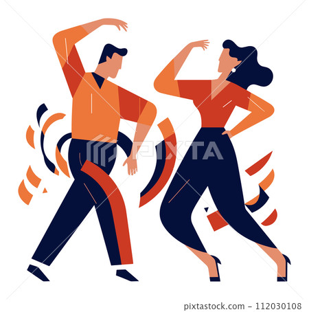 Stylish couple dancing energetically, man in orange shirt, woman in blue pants. Joyful dance moves, dynamic poses, retro vibes vector illustration. 112030108
