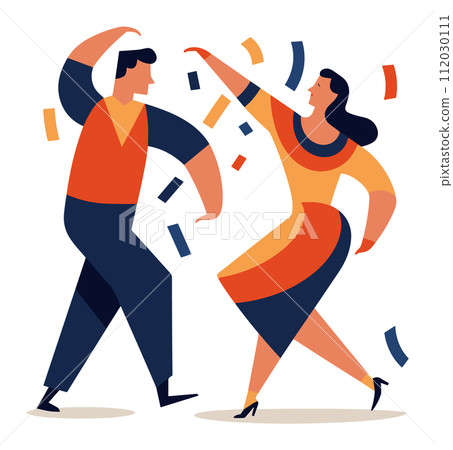 Man and woman dancing energetically. Couple enjoys a festive moment. Celebration dance and joyful people vector illustration. 112030111