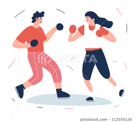 Woman and man boxing workout, wearing casual sportswear. Female and male exercising, dynamic stance, amateur boxing. Fitness and recreational sports vector illustration. 112030126