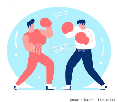 Two men boxing, one in red and one in blue, dynamic fight pose, flat style. Boxing match, athletes competing vector illustration. Two men boxing, one in red and one in blue, dynamic fight pose, flat style. Boxing match, athletes competing vector illustration. 112030135