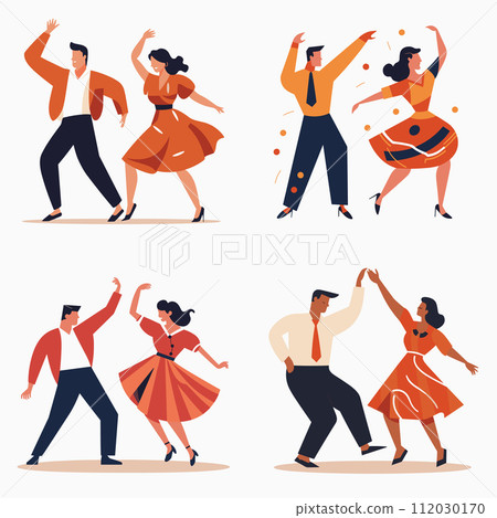 Couples dancing salsa stylish outfits. Joyful dancers performing Latin American dance moves. Rhythmic dance cultural tradition vector illustration Couples dancing salsa stylish outfits. Joyful dancers performing Latin American dance moves. Rhythmic dance cultural tradition vector illustration 112030170