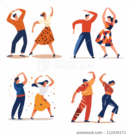 Men women dancing various poses. Retro style dancers, 50s swing dance, joyful dance moves. Entertainment dance lessons vector illustration 112030171