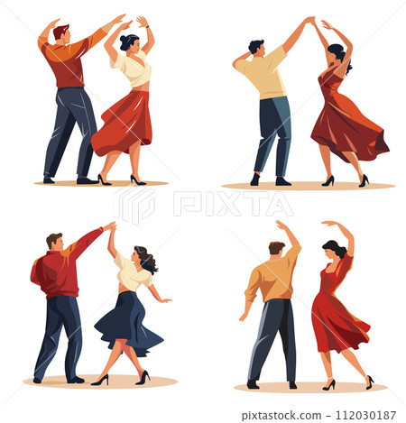 Couples dancing salsa vibrant clothes. Dance partners performing Latin American dance moves. Salsa dancers enjoying rhythm movement vector illustration Couples dancing salsa vibrant clothes. Dance partners performing Latin American dance moves. Salsa dancers enjoying rhythm movement vector illustration 112030187