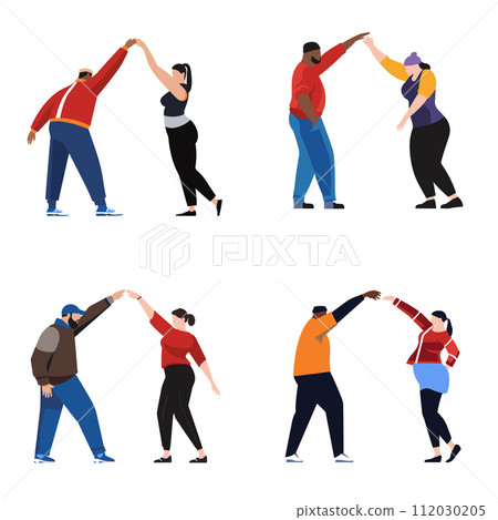 Four diverse pairs practice partner yoga. Fitness couples stretching balance exercise. Wellness healthy routine vector illustration 112030205