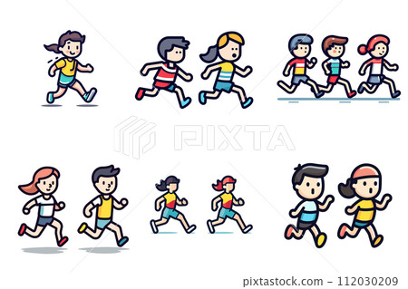 Group diverse children running, playful energetic kids motion. Cartoon boys girls jogging together, fun race. Childhood activity outdoor exercise vector illustration Group diverse children running, playful energetic kids motion. Cartoon boys girls jogging together, fun race. Childhood activity outdoor exercise vector illustration 112030209