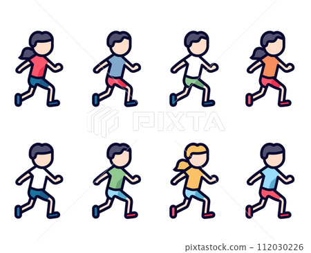 Running people various colorful outfits, side view. Cartoon style, different running poses, active lifestyle. Exercise fitness, jogging characters vector illustration 112030226