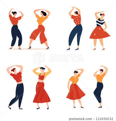 Stylish women posing different outfits, retro fashion. Confident female figures casual elegant clothing, modern style vector illustration 112030232