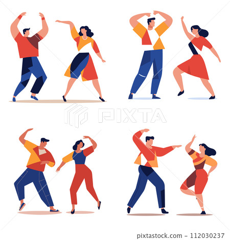 Three couples dancing happily casual clothing. Two men four women enjoy dance moves. Joyful dance gathering, leisure activity vector illustration Three couples dancing happily casual clothing. Two men four women enjoy dance moves. Joyful dance gathering, leisure activity vector illustration 112030237