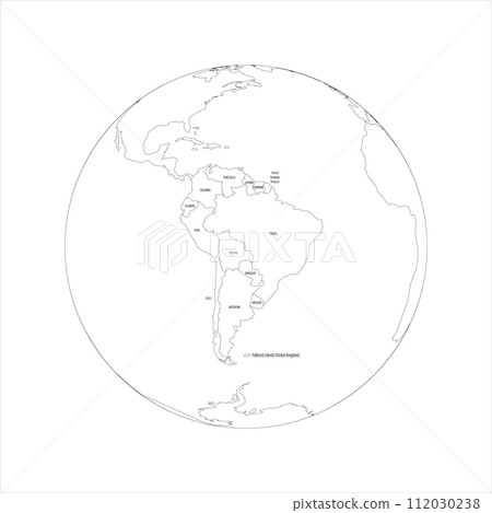 Political map of South America. Thin black outline map with country name labels on white background. Ortographic projection. Vector illustration Political map of South America. Thin black outline map with country name labels on white background. Ortographic projection. Vector illustration 112030238