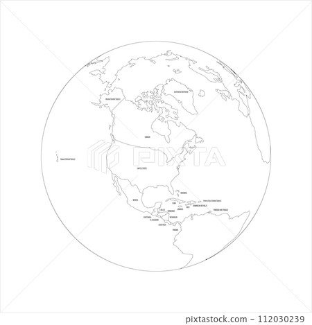 Political map of North America. Thin black outline map with country name labels on white background. Ortographic projection. Vector illustration 112030239
