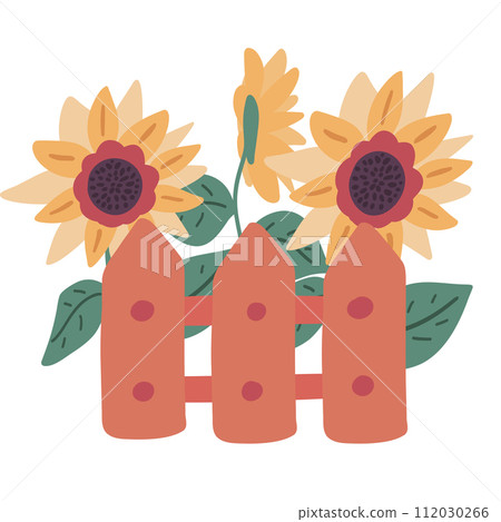 Fence sunflower flat design set on white background Fence sunflower flat design set on white background 112030266