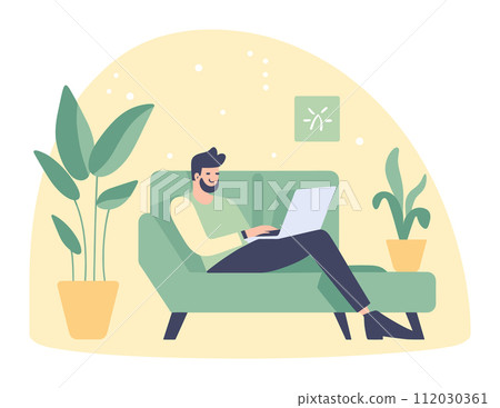 Caucasian man sitting green sofa working laptop home. Casual remote work, cozy indoor setting plants. Freelancer home office vector illustration 112030361