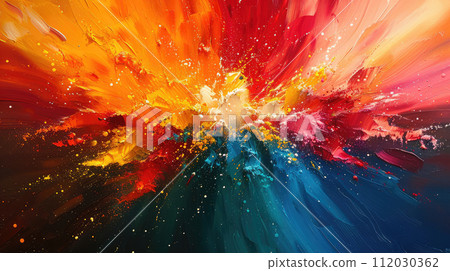 AI-generated content. Abstract oil painting background, different brush strokes, mix of the colors, creating effect of the colorful explosion in red, yellow, green, blue 112030362