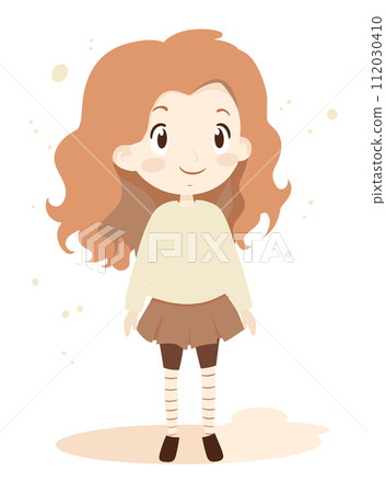Cute redhead girl brown skirt striped leggings. Happy cartoon child standing smile. Charming kids fashion cheerful childhood vector illustration 112030410