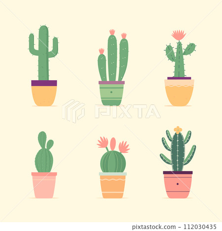 Set six cute cartoon cacti colorful pots. Different shapes cactuses, flowers, indoor plant decoration vector illustration 112030435