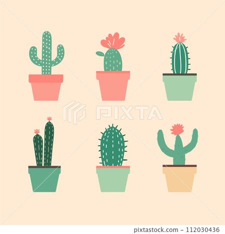 Six different cacti colorful pots, simple flat design. Home decor, indoor plants, cute cacti collection vector illustration 112030436