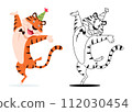 Coloring page. Cartoon dancing happy tiger with bow tie isolated on white background. Happy wild cat for kids preschool activity. Black and white outline sketch. Coloring book vector illustration. 112030454