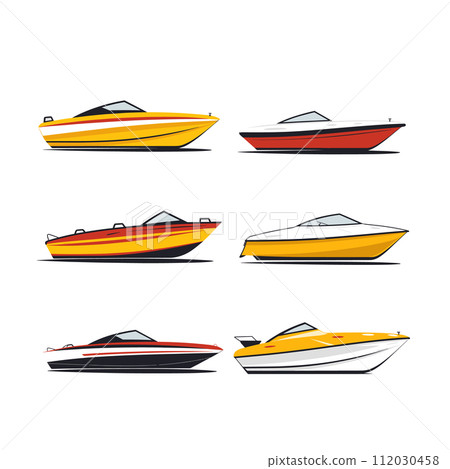 Set six speedboats various colors designs. Nautical transport, recreational boats sleek shapes. Modern maritime leisure vehicles vector illustration Set six speedboats various colors designs. Nautical transport, recreational boats sleek shapes. Modern maritime leisure vehicles vector illustration 112030458