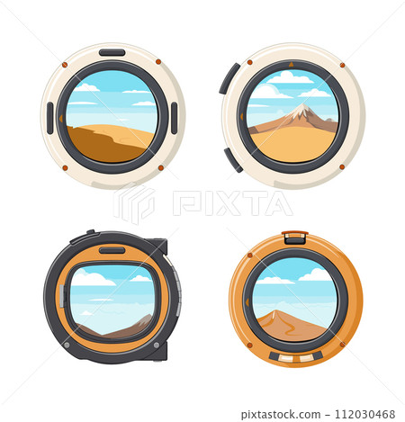 Set spaceship portholes views planet landscapes. Futuristic spacecraft windows deserts mountains. Exploration adventure outer space vector illustration Set spaceship portholes views planet landscapes. Futuristic spacecraft windows deserts mountains. Exploration adventure outer space vector illustration 112030468
