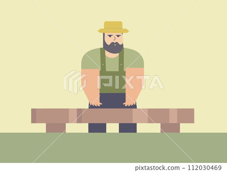 Bearded man hat standing behind park bench. Casual urban male character outdoors. Simplistic style people vector illustration Bearded man hat standing behind park bench. Casual urban male character outdoors. Simplistic style people vector illustration 112030469