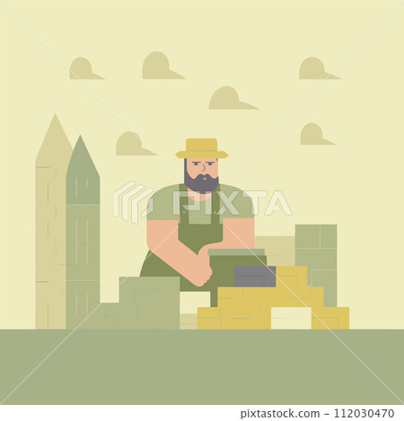 Bearded man hat laying bricks, constructing wall. Builder construction site, minimalistic style. Construction work architecture vector illustration Bearded man hat laying bricks, constructing wall. Builder construction site, minimalistic style. Construction work architecture vector illustration 112030470