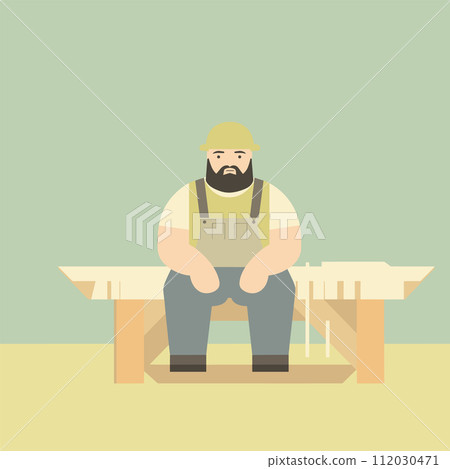 Bearded carpenter sitting bench saw wood planks. Craftsman apron resting workbench workshop. Artisan work manual labor concept vector illustration Bearded carpenter sitting bench saw wood planks. Craftsman apron resting workbench workshop. Artisan work manual labor concept vector illustration 112030471
