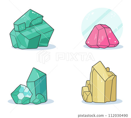 Set cartoon colorful crystals, precious gemstones collection. Cute handdrawn mineral stones, concept jewel clipart vector illustration 112030490