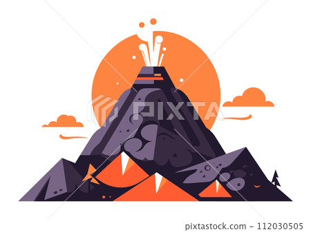 Erupting volcano magma, smoke, ash under orange sky. Dynamic nature disaster illustration. Dangerous volcanic eruption landscape vector illustration Erupting volcano magma, smoke, ash under orange sky. Dynamic nature disaster illustration. Dangerous volcanic eruption landscape vector illustration 112030505
